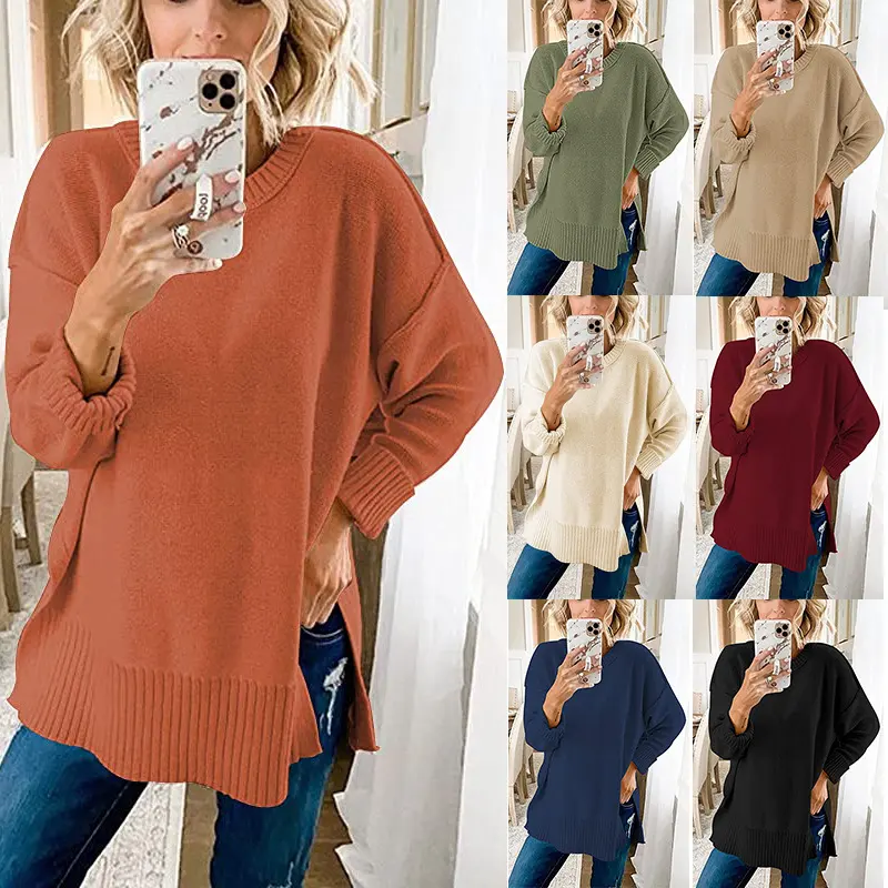 Long Sleeve Side Slit Loose Wool Knit Pullover Blouse