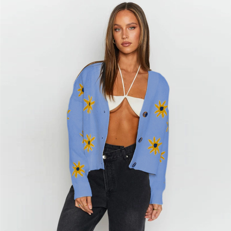 Title 5, College Wind Sunflower Knitted Jacket Loose V-n...