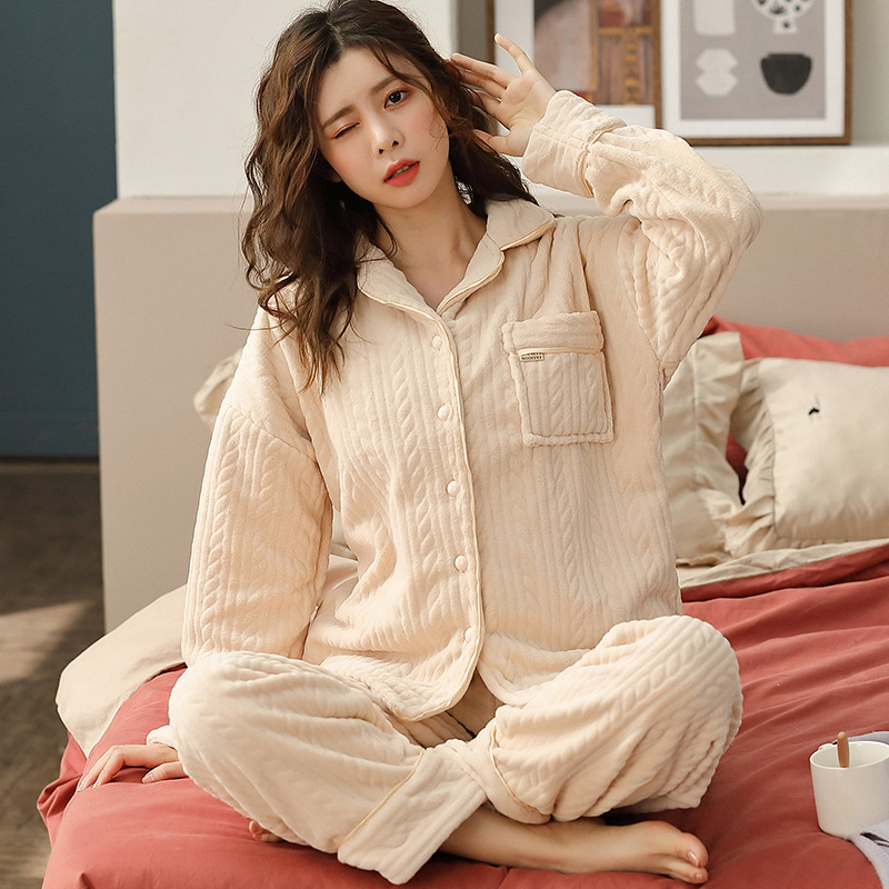 Coral Thickened Plus Fleece Ladies Home Service Suit