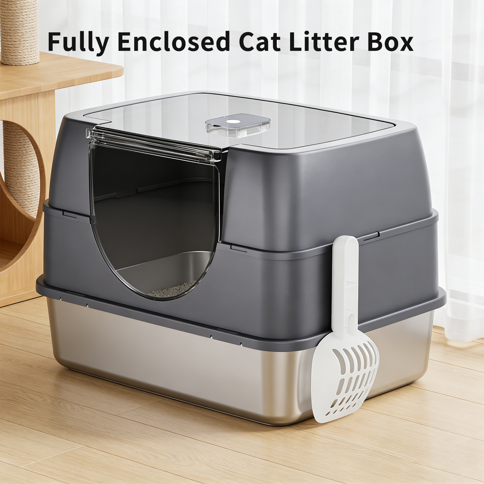 Dark Gray Top Entry Fully Enclosed Cat Litter Box, With Free Scoop & Litter Mat, Anti-Splash & Odor Locking, For Large Cats & Multi-Cat Households