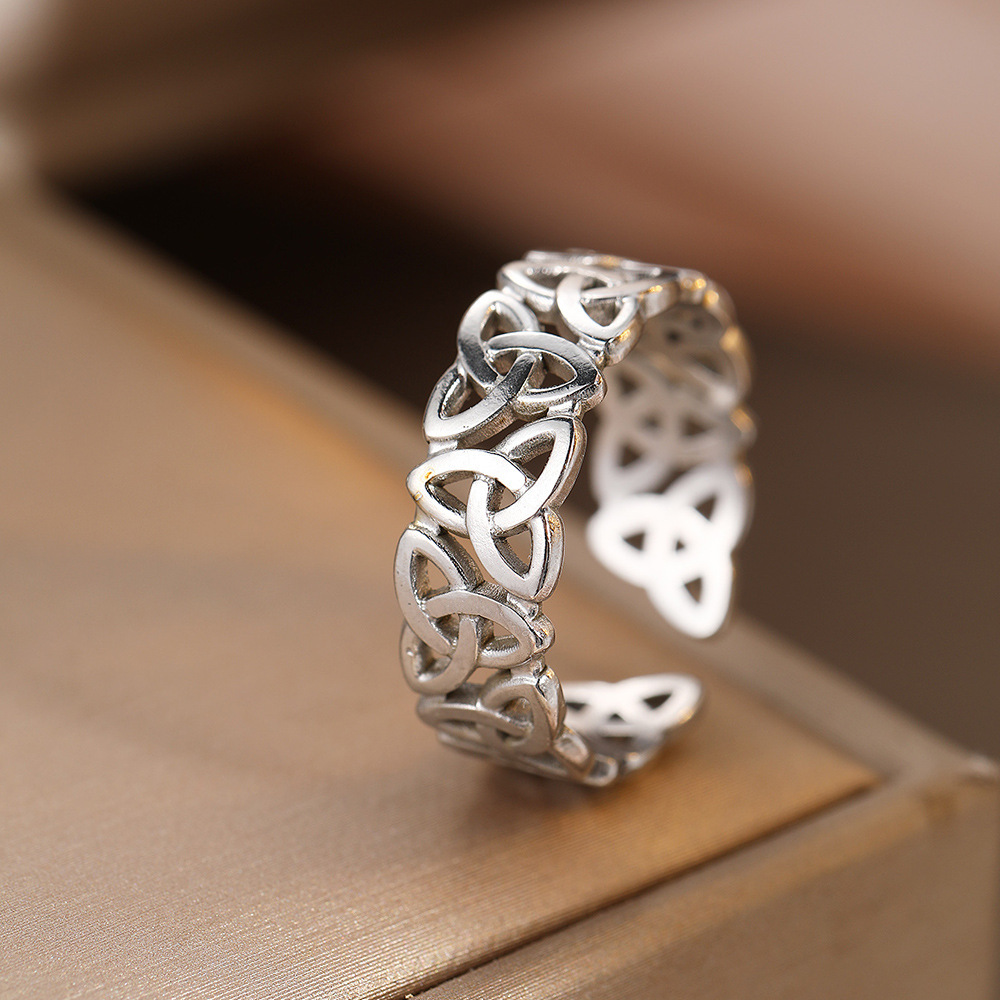 1 Piece Celtic Knot Stainless Steel Open Ring, Retro Hollow Woven Band, Trendy Personalized... thumbnail 3