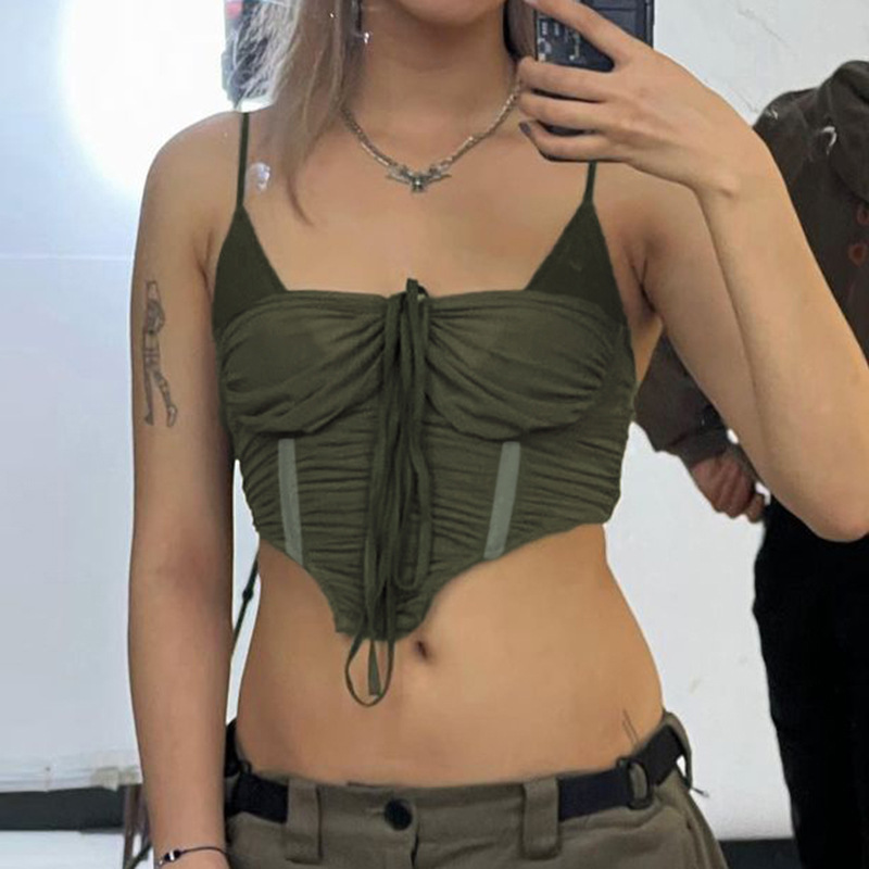 Mesh Panel Wrap Chest Asymmetric Hem Tank Top Green - Shop at LoveMi