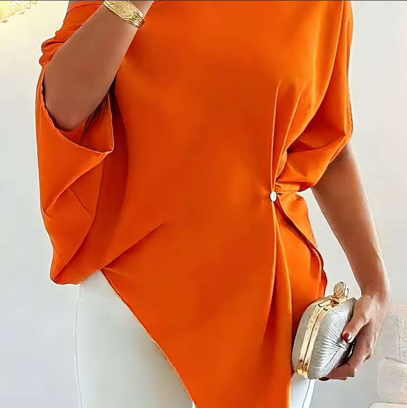 Orange Asymmetrical Off-Shoulder Twist Waist Blouse