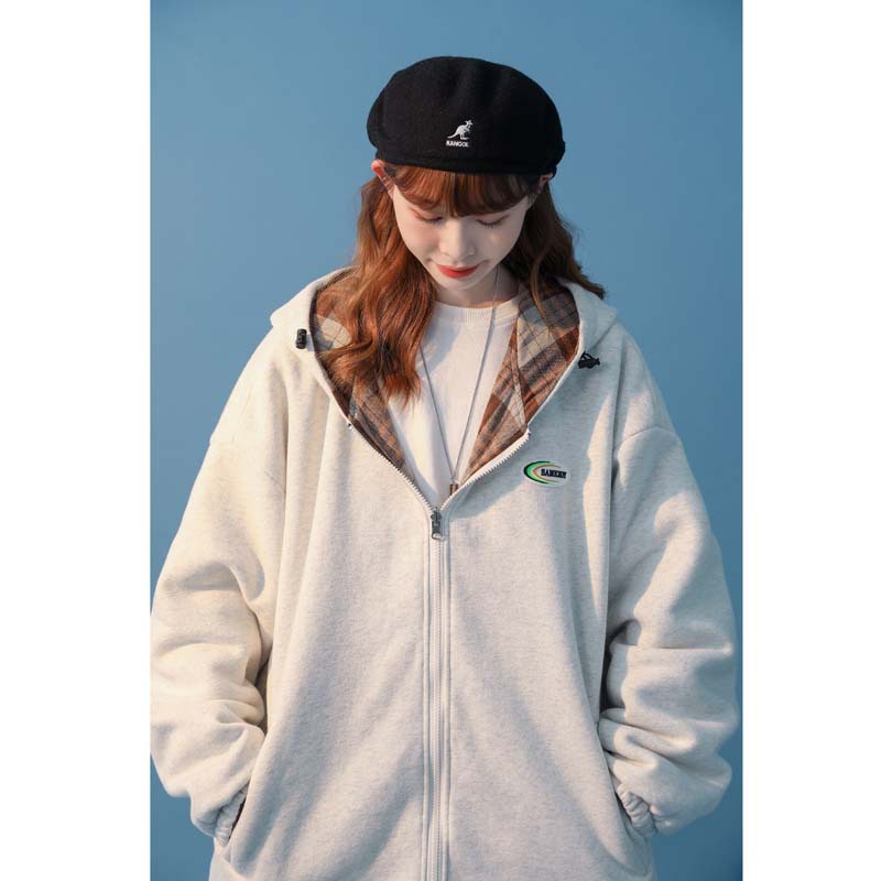 Unisex Color Matching Plaid Loose Long-sleeved Hooded Loose Double-sided Coat