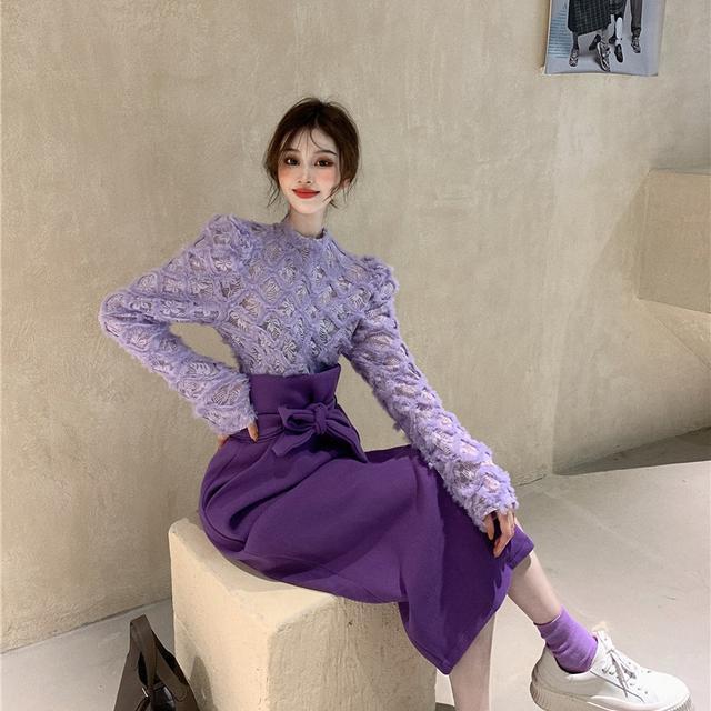 Women's One-piece Western Plush Lace Shirt With Slit Skirt