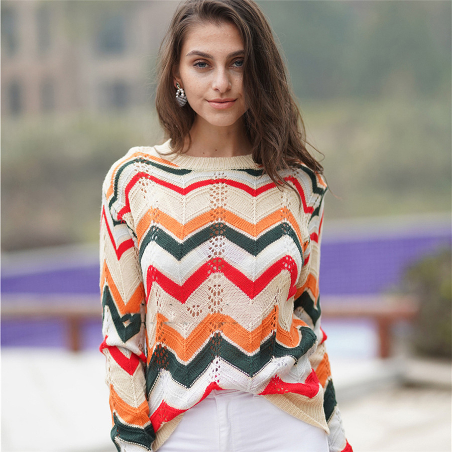 Title 4, Round Neck Sweater Pullover Striped Rainbow Blouse