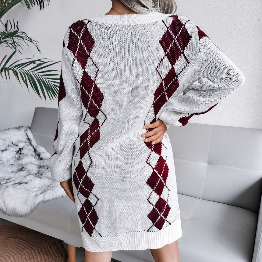 Argyle V-Neck Ribbed Trim Sweater Dress