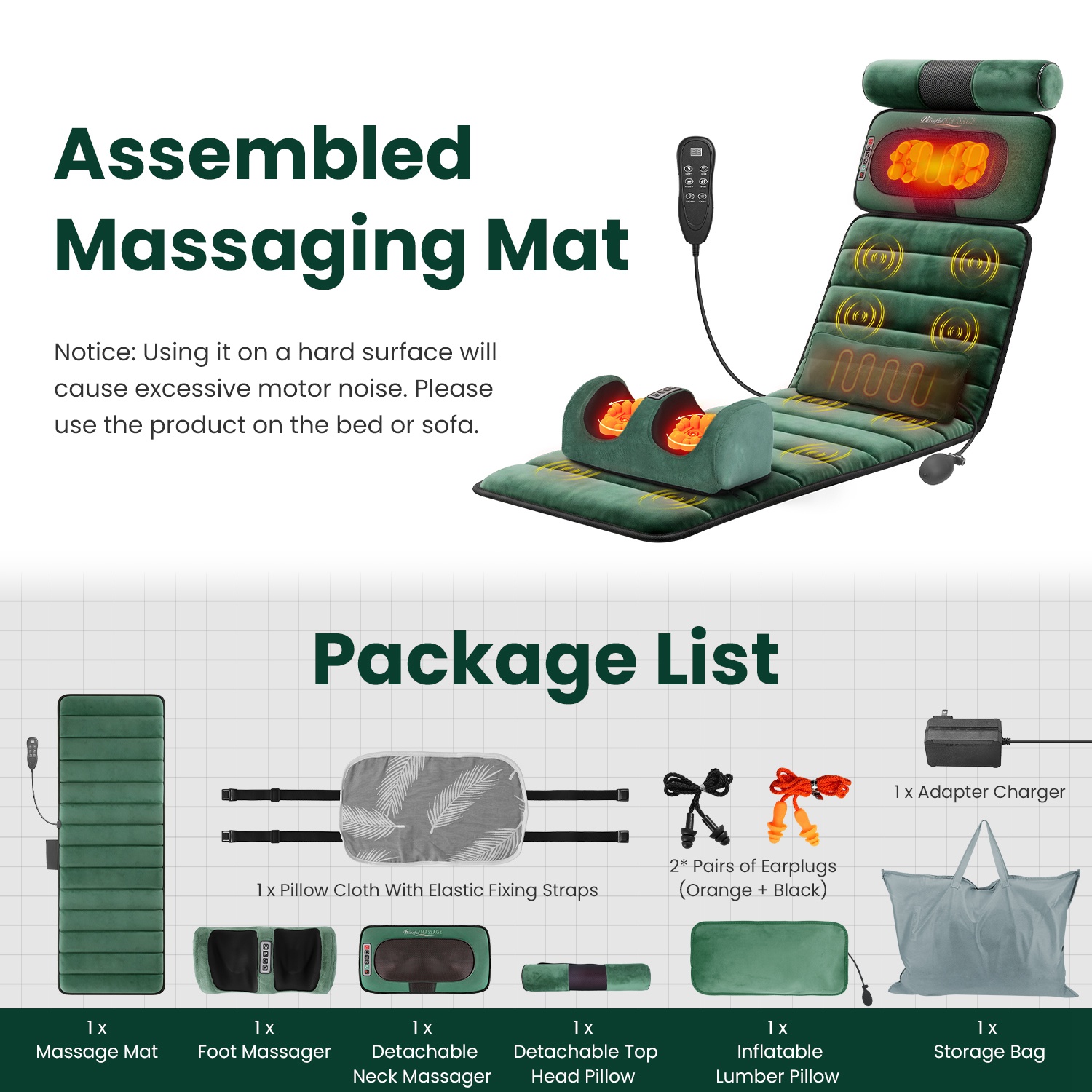 Full Body Electric Massage Mat Heating Vibration Massage Pad Cushion Back Massage Mattress Chair Pad With Neck Foot Massage Head Pillow And Cloth Lumbar Pillow Timer Anti-Slip Bottom Earplugs — foto 7