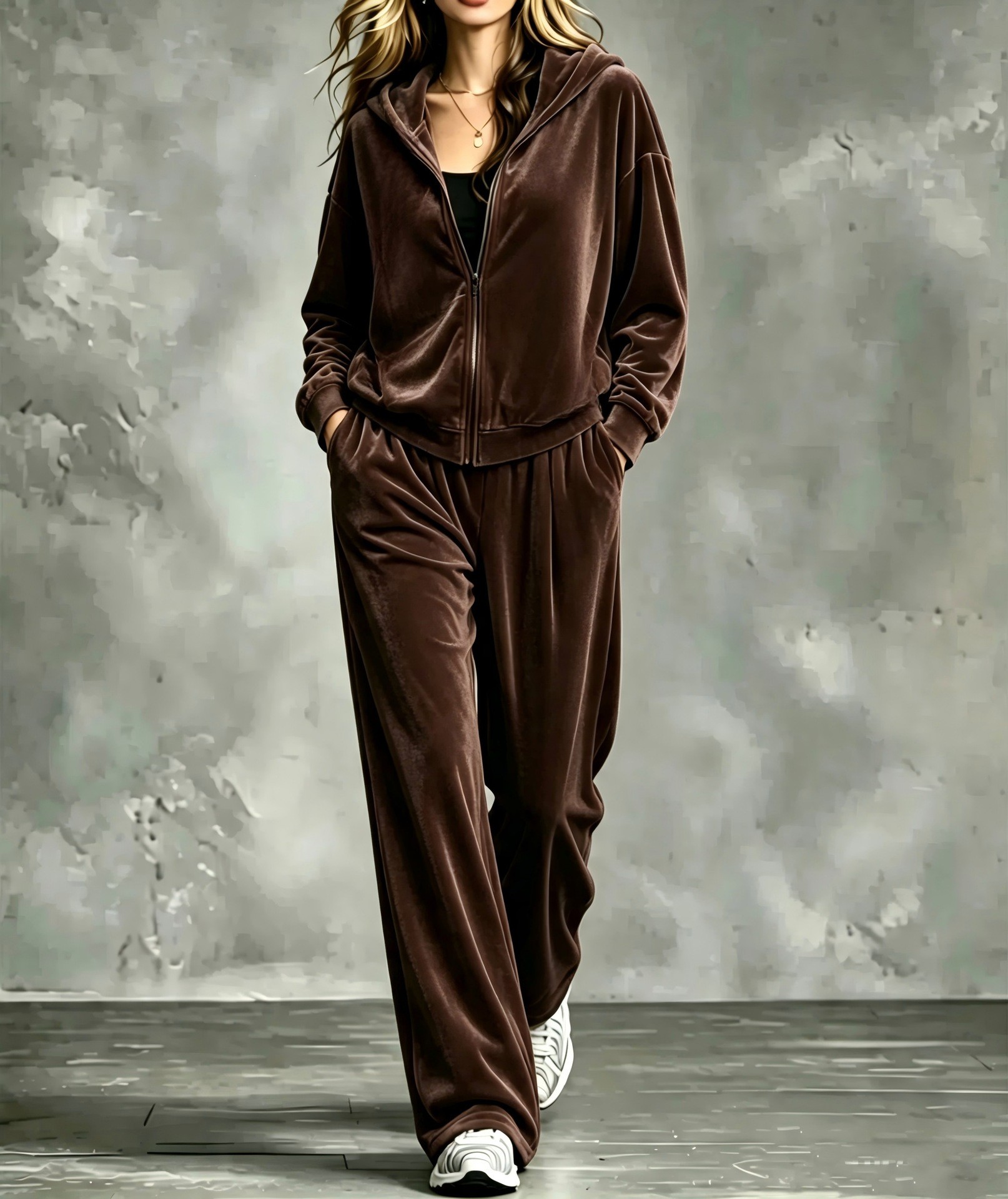 2026 New Arrival Autumn & Winter Solid Color Zip Long-Sleeve Women's Hooded Two-Piece Outfit In Korean Velvet For European And American Cross-Border Market