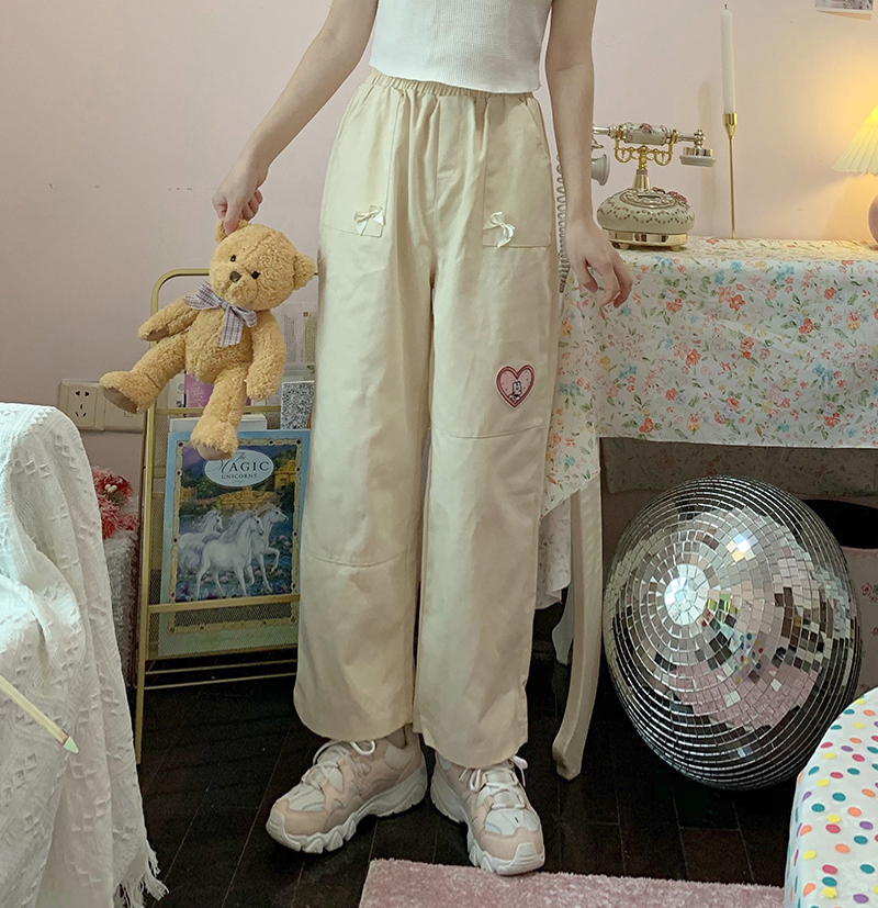 Title 2, Wide Leg Pants Love Patch Bow StraightStudent C...