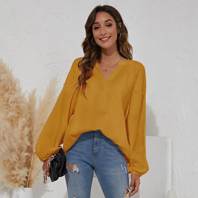 V neck Women's Casual Solid Color Lantern Long Sleeves Yellow - Shop at LoveMi