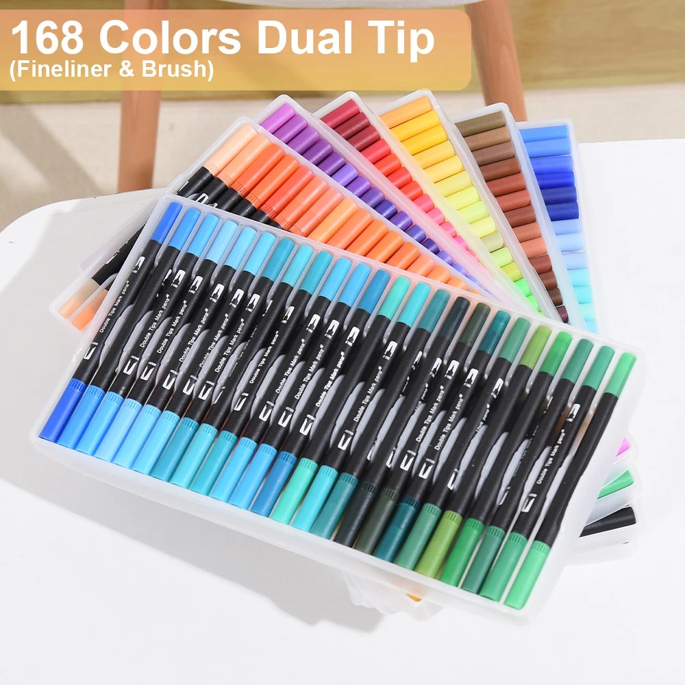 168 Colors Dual Tip Brush Markers Set Black Barrel Watercolour Pens For Colouring Drawing Sketching Calligraphy Art Supplies With Carry Case