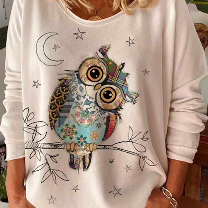 Title 4, Owl Animal Print Long Sleeved Round Neck Loose