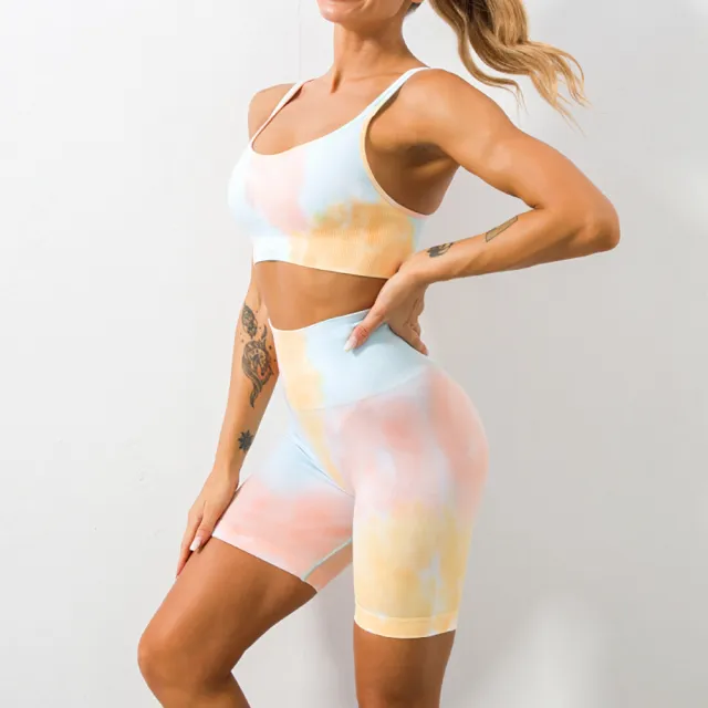 Women's Seamless Knitting Tie Dyed Sweatpants Suit Yellow Shorts Set - Shop at LoveMi