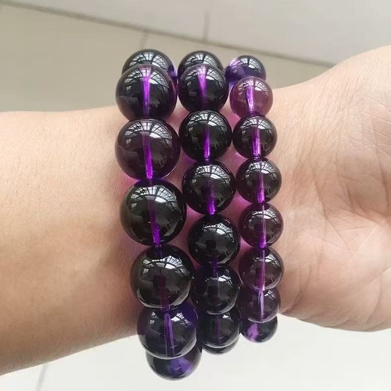 Natural Dark Amethyst Bracelet Uruguayan Amethyst Round Beaded Chain Unisex Energy Jewelry
