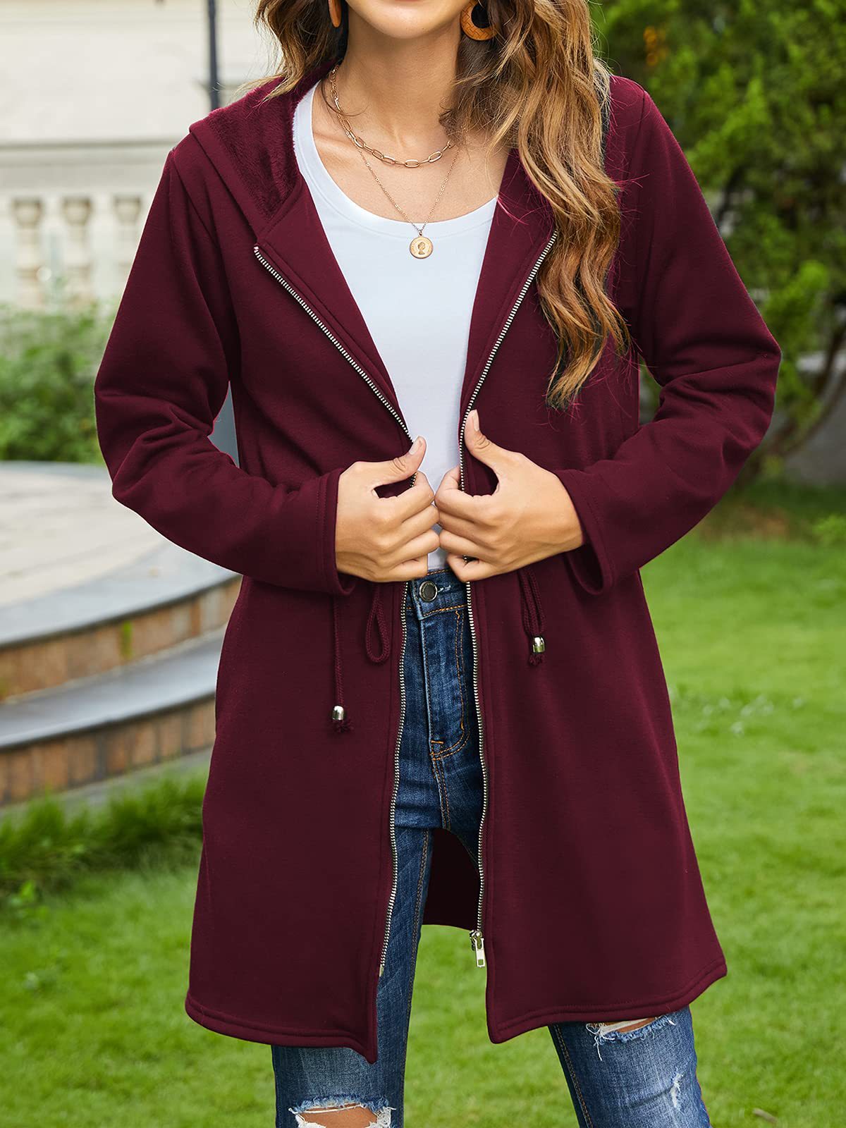Solid Color Hoodie Fluff Scratch Jacket Jacket Cardigan Wine Red - Shop at LoveMi