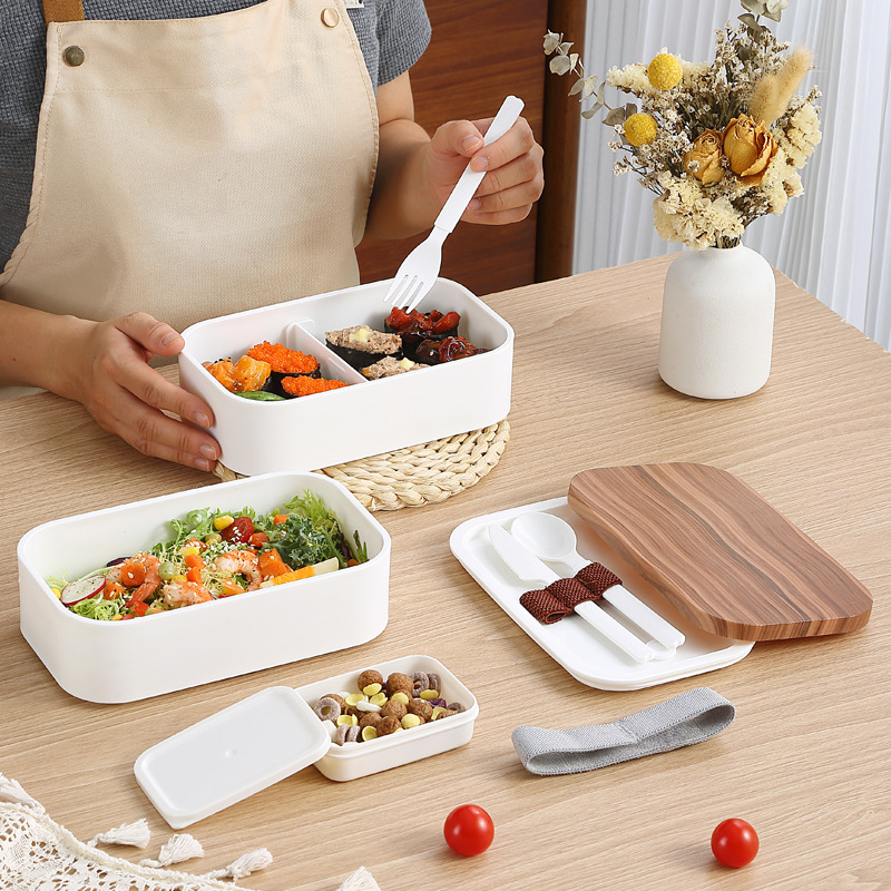 Title 4, Wood Grain Double-layer Plastic Lunch Box Micro...