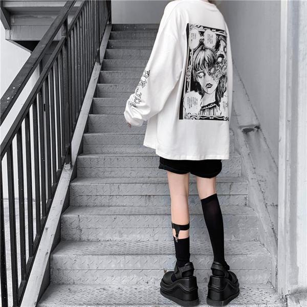 Women's Harajuku Mourning Dark Print Loose Casual White T-Shirt