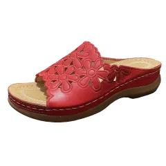Wide Bottom Breathable Carved Fish Mouth Shoes - Red - View 1