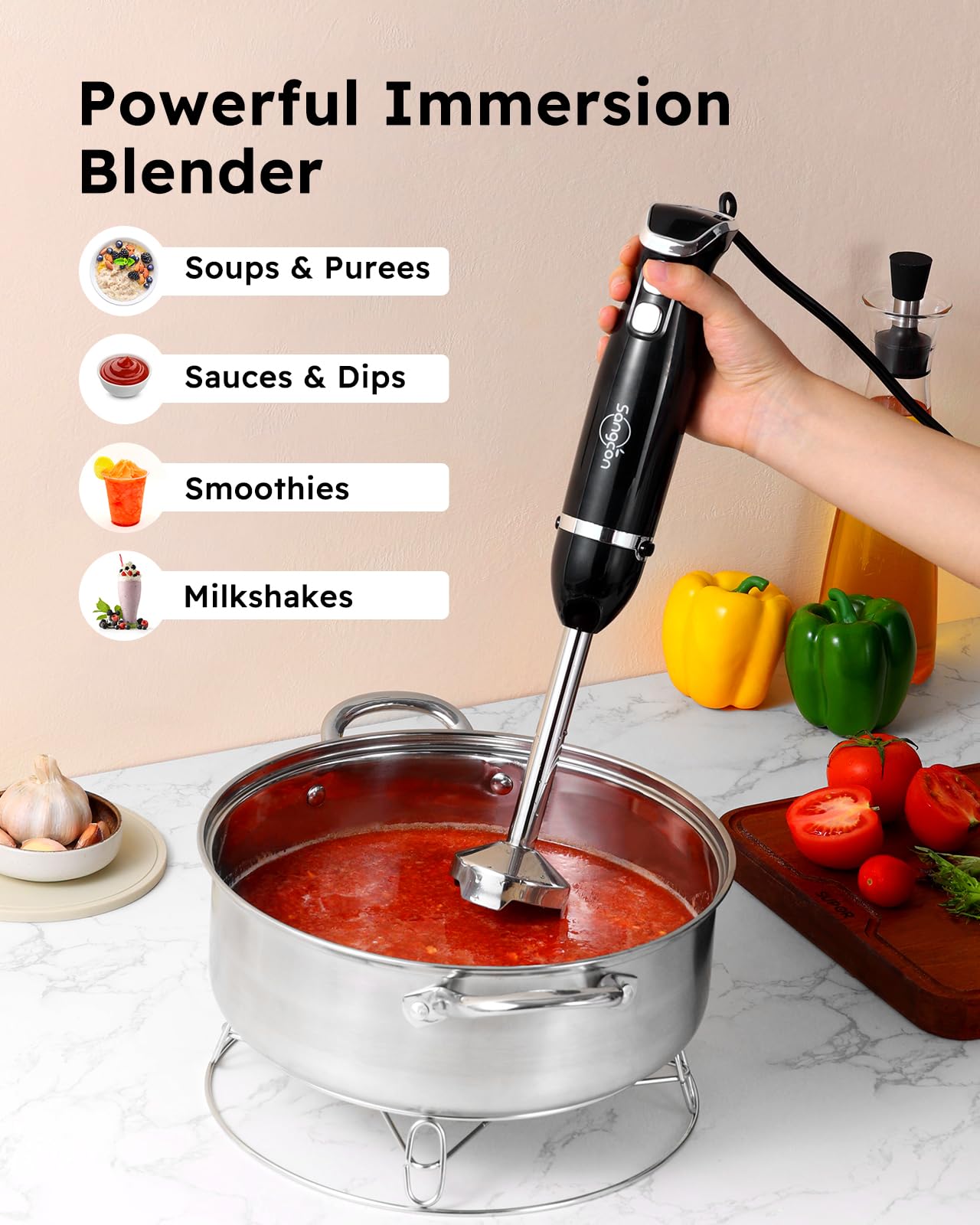 Immersion blender handheld with stainless steel blade, whisk, and milk frother attachments in black color