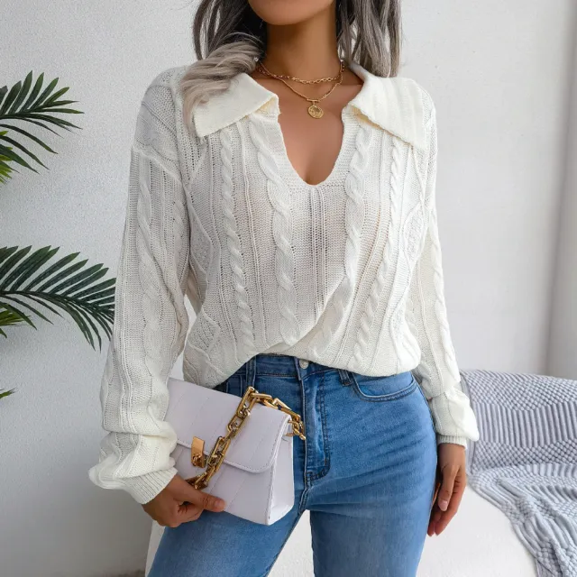 Leisure Lapel Twist Lantern Sleeve Knitted Sweater White - Shop at LoveMi