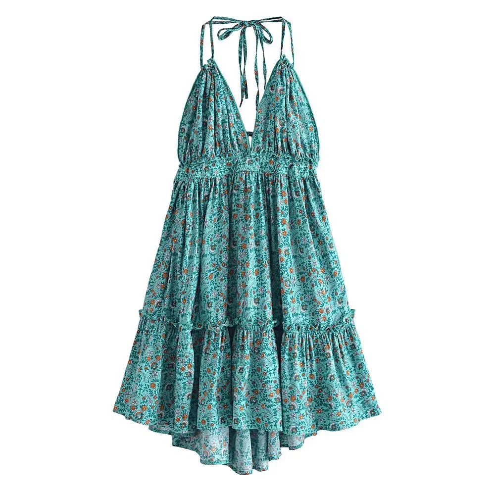 European And American Style Cotton Watermark Backless Suspender Dress - Green