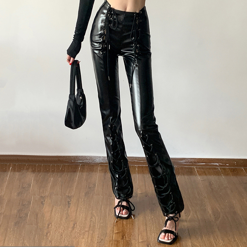 High-waisted Hollow Tie Straight PU Leather Slim Casual Pants