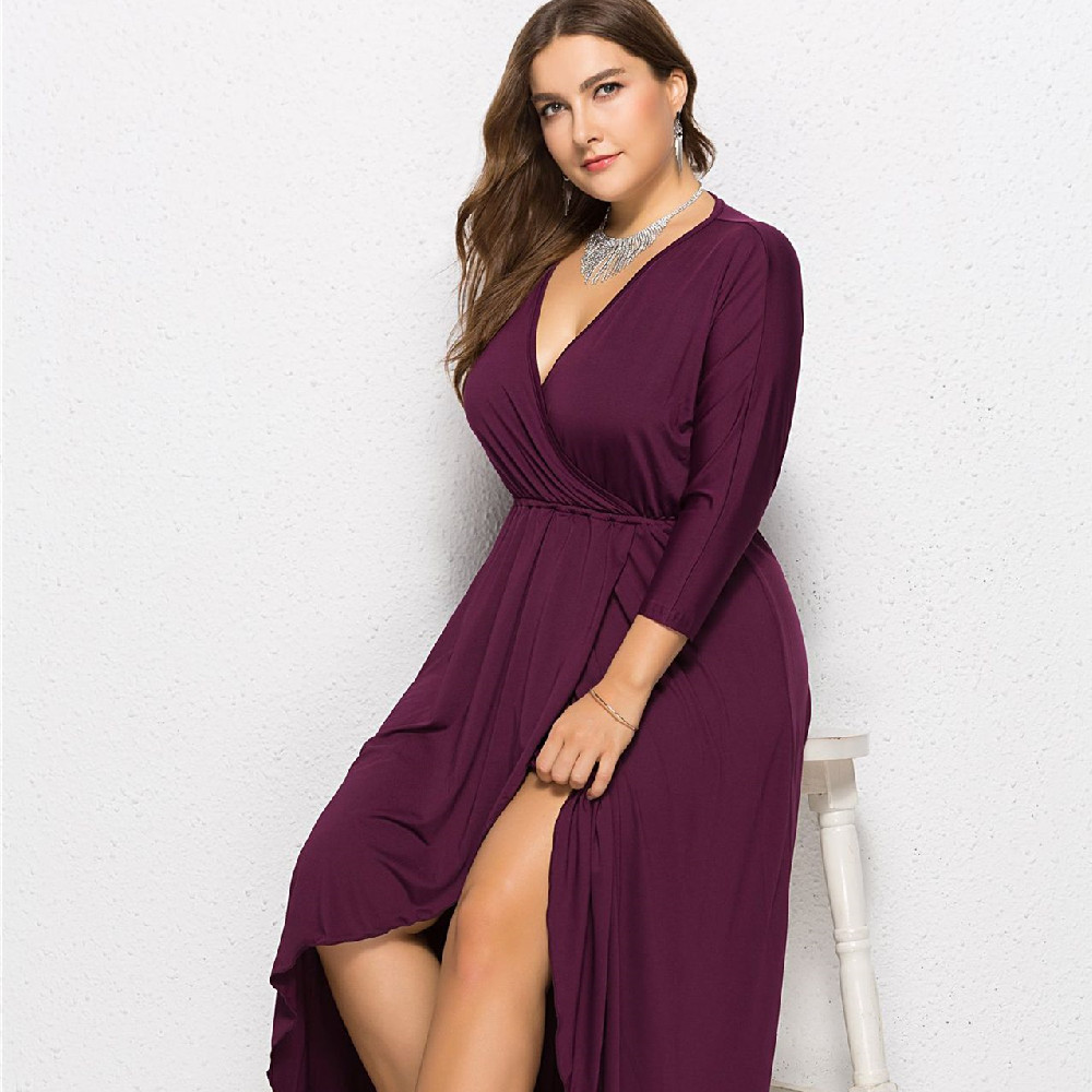 N V-neck Batwing Sleeve Large Hem Sheath Solid Color Dress - Image 1