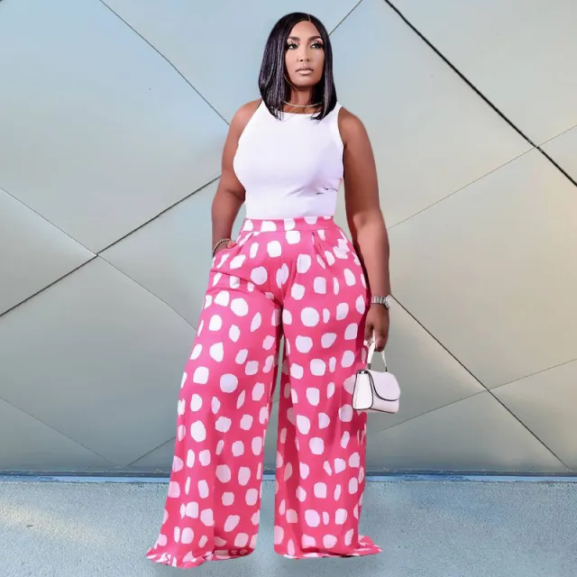Casual Letters Geometric Flower Print Stretch Waist Wide leg Pants Women's Trousers 5 Style 4Xl - Shop at LoveMi
