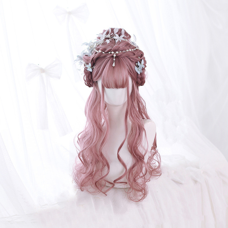 Long Curly Hair Fashion Full Headgear Air Bangs Chemical Fiber Wig Pink - Shop at LoveMi