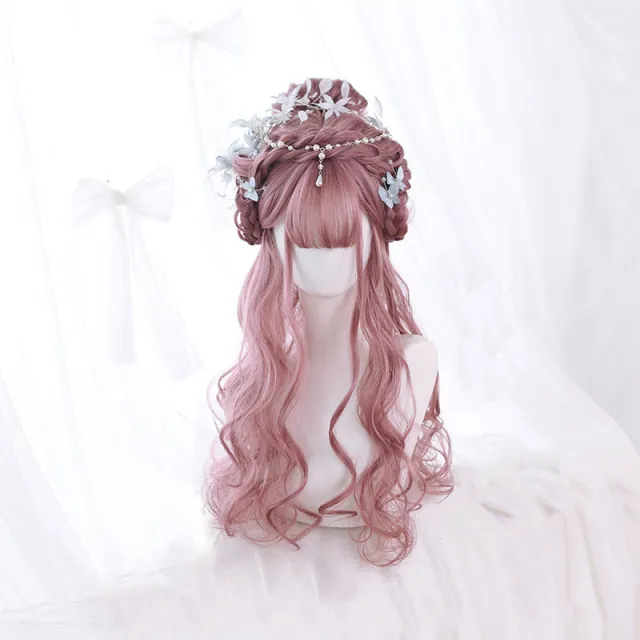 Long Curly Hair Fashion Full Headgear Air Bangs Chemical Fiber Wig Pink - Shop at LoveMi