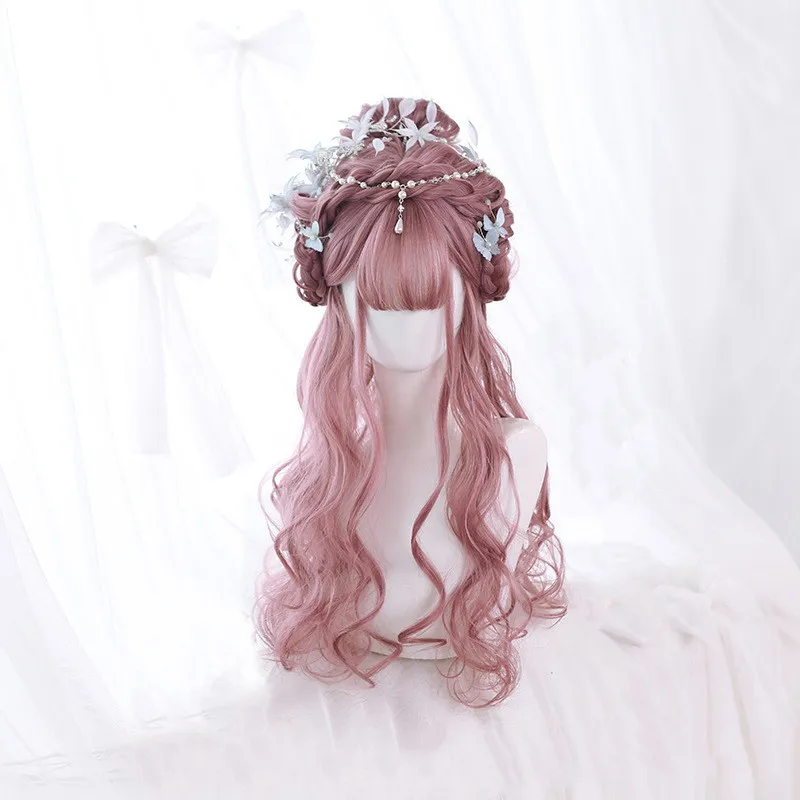 Long Curly Hair Fashion Full Headgear Air Bangs Chemical Fiber Wig - Pink