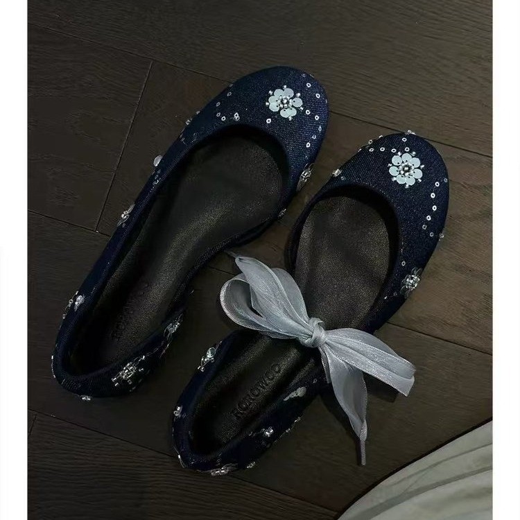 Women Sweet Fairy Sequin Rhinestone Floral Denim Mary Jane Flats, Round Toe Sheer Tulle Front Ribbon Soft Denim Slip On Minimalist Casual Spring Ballerina Loafe