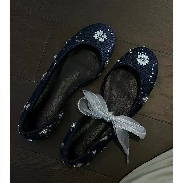 Women Sweet Fairy Sequin Rhinestone Floral Denim Mary Jane Flats, Round Toe Sheer Tulle Front Ribbon Soft Denim Slip On Minimalist Casual Spring Ballerina Loafe
