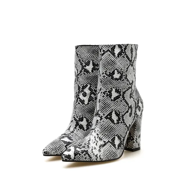 Patent Leather Fabric Pointed Toe Chunky Heel High heel Zipper Knight Boots Snake Pattern 36 - Shop at LoveMi