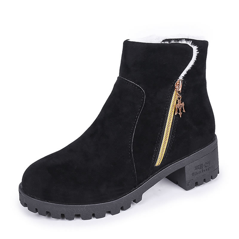 Title 6, Short Suede Side Zip Student Thick Mid-Heel Boots