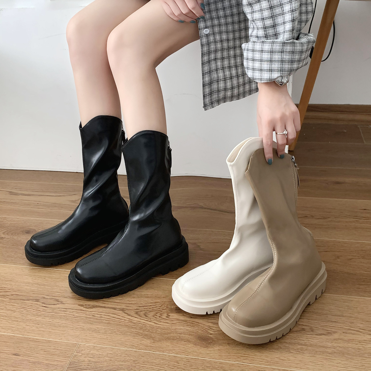 Simple Thick-soled Mid-tube Leather Women's Boots