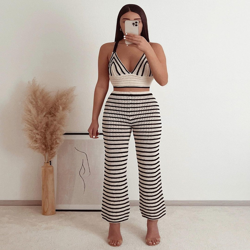 Striped Knitted Halterneck Vest Striped Knitted Casual Pants