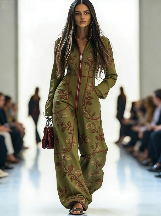 Zippered Long-sleeved Casual Wide-leg Jumpsuit