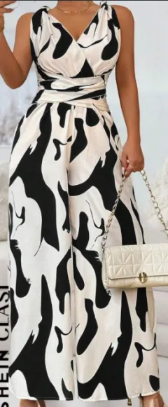 Women's Fashionable Random Print Backless Jumpsuit - Black - View 1