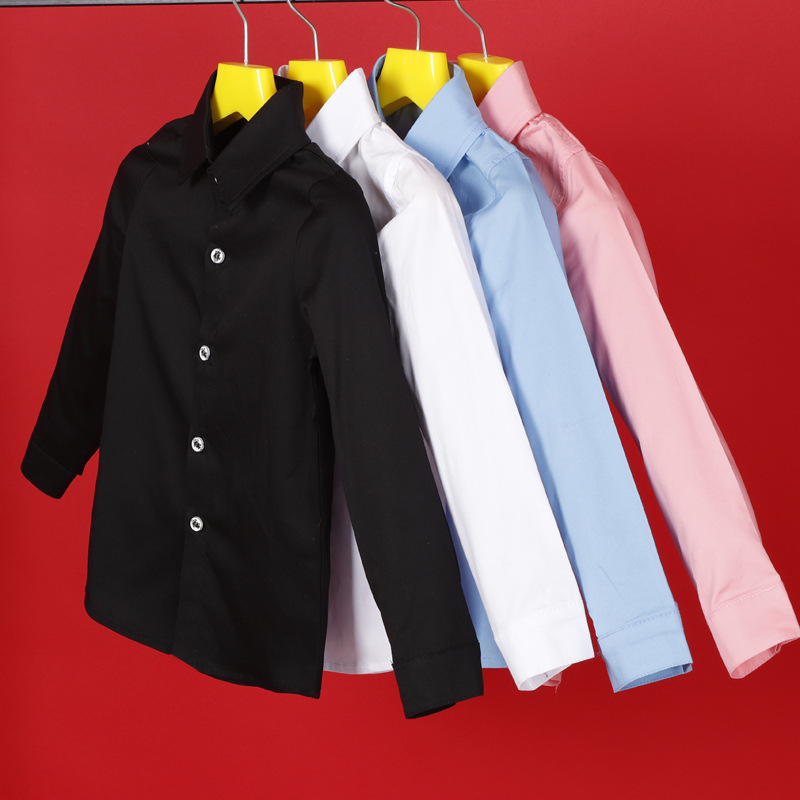 Boys' Solid Color Shirt Children's Suit Matching Shirt White Black Blue Long Sleeved Cotton Shirt Fleece Padded Clothes