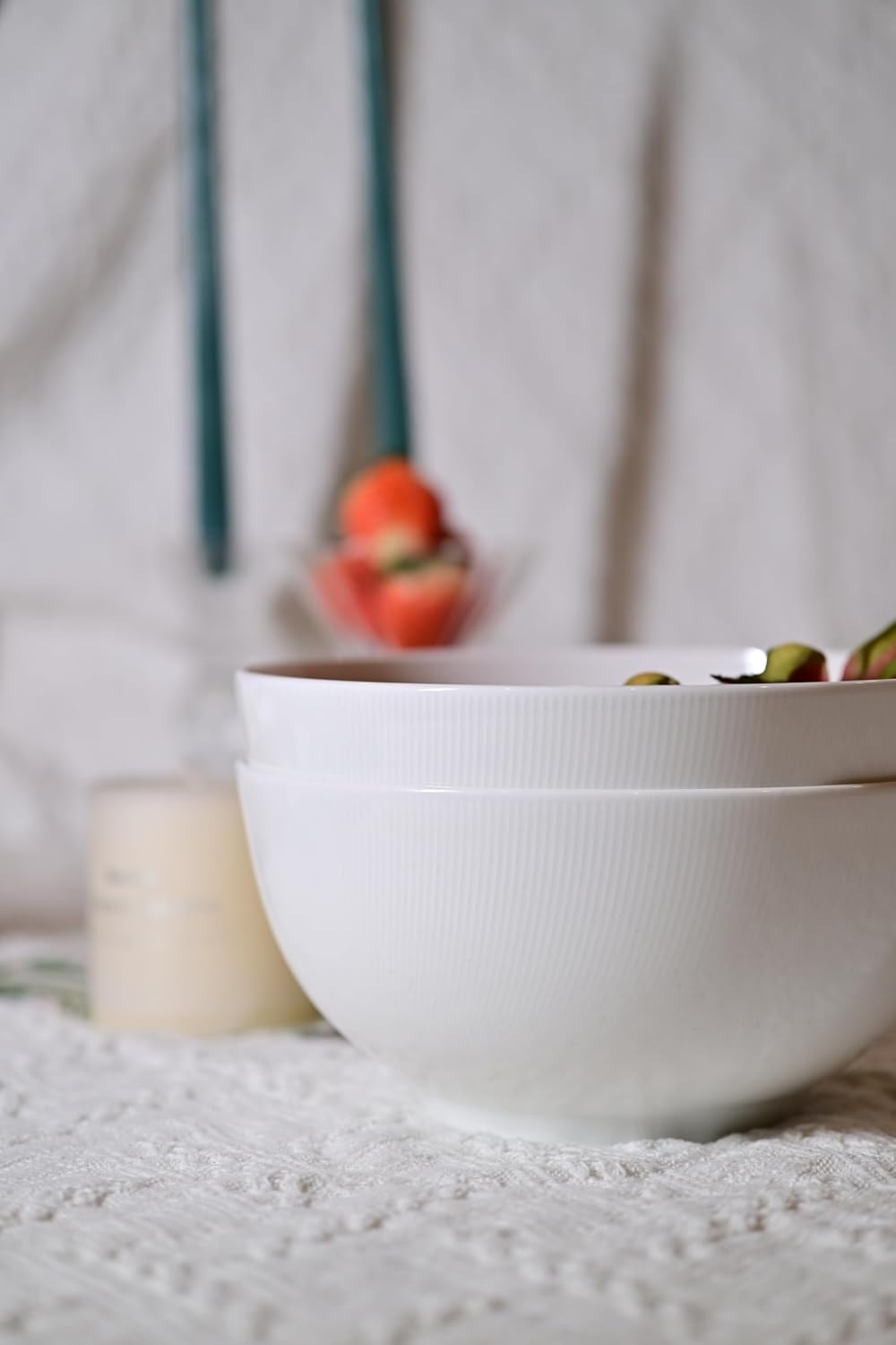 Setaria Bone China Dinnerware Set, 2 Pieces 8-inch Large Deep Salad Bowl, Soup, Cereal, Oatmeal, Fruit, Rice, Ivory White With Narrow Curve Stripe_voghion.com