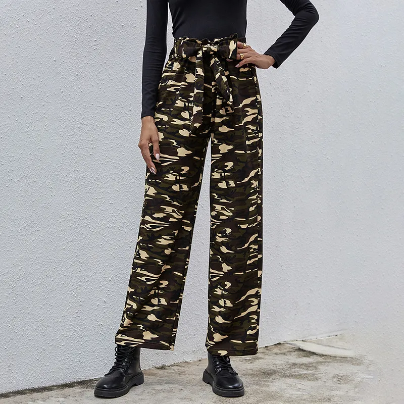 Solid Color Elastic Waistband Loose Ladies Casual Pants - Camouflage