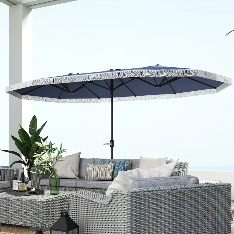 15ft Rectangle Patio Umbrella UPF30 Extra Large Outdoor Umbrella With Fringe And Crank Handle, Dark Blue