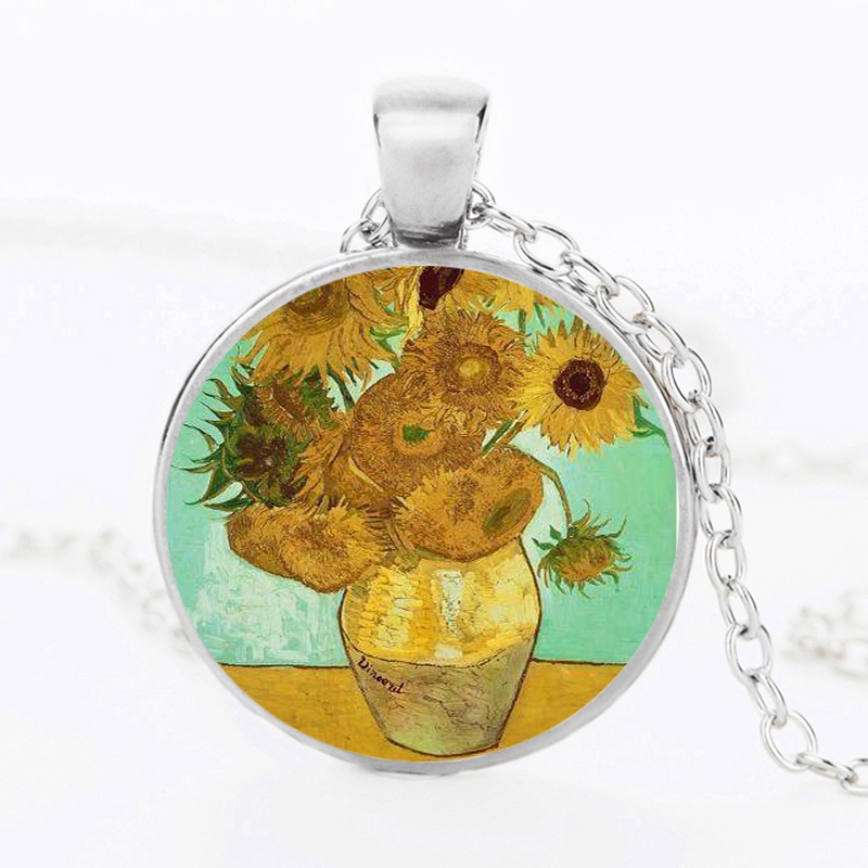 The Kiss Starry Night Sunflower Glass Necklace Van Gogh Klimt Painting Round Pendant Chain Necklaces For Women Girls