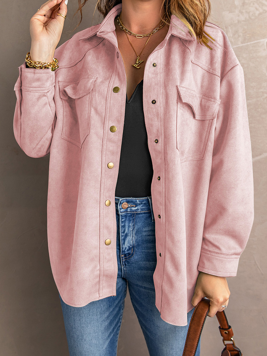 Autumn Solid Color Snap Suede Jacket Women's Loose Suede Lapel Shirt Coat