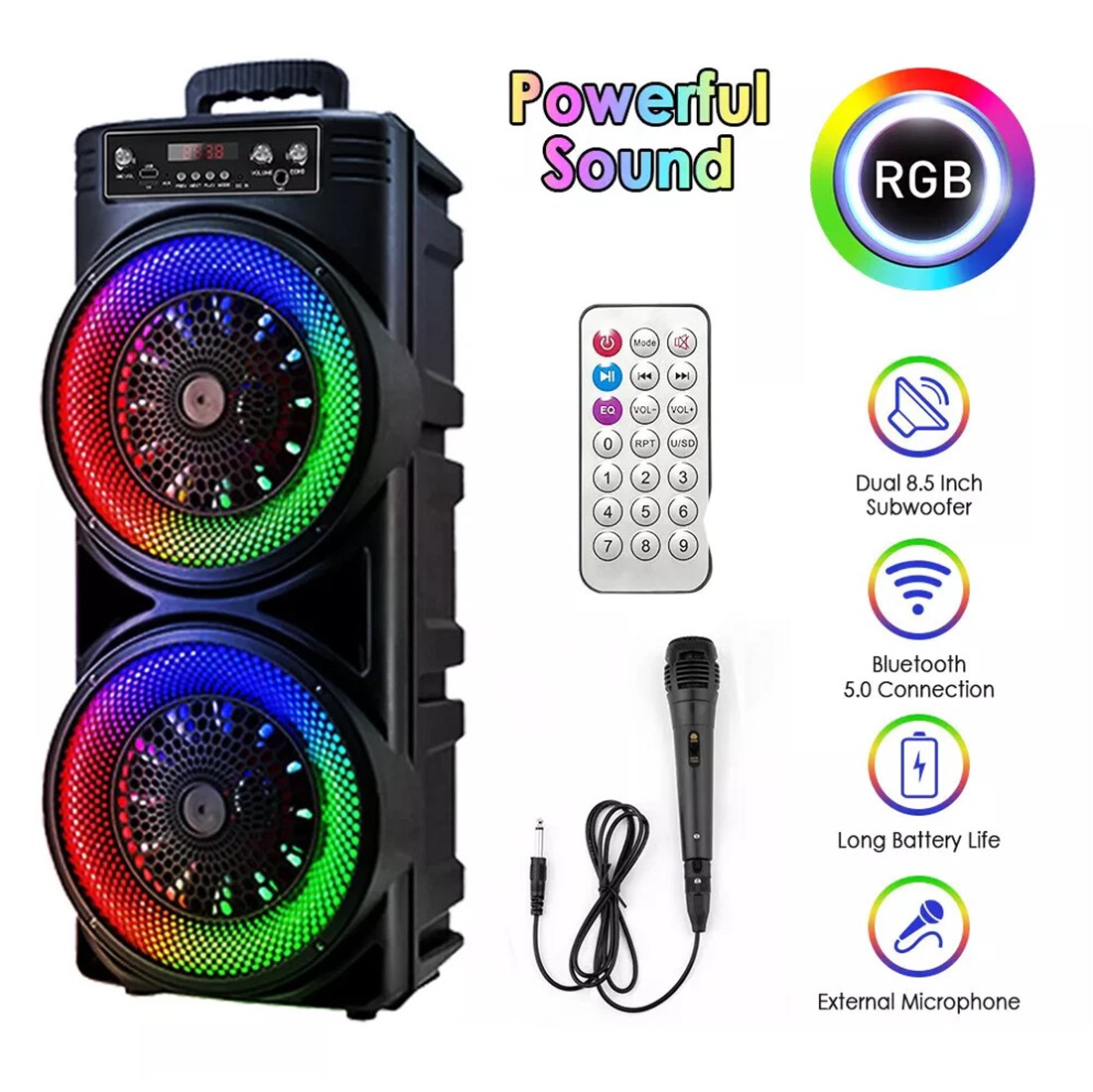 Portable Bluetooth Speaker Sub Woofer Heavy Bass Sound System Party Mic UK 2