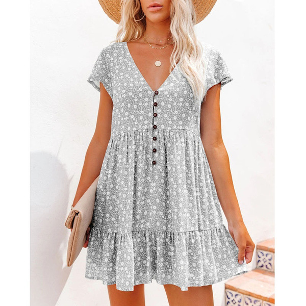 V Neck Button Small Floral Short Sleeve Loose Casual Dress Grey - Shop at LoveMi