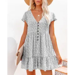 V-Neck Button Small Floral Short Sleeve Loose Casual Dress - Grey - View 1