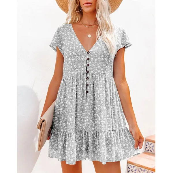 V-Neck Button Small Floral Short Sleeve Loose Casual Dress - Grey